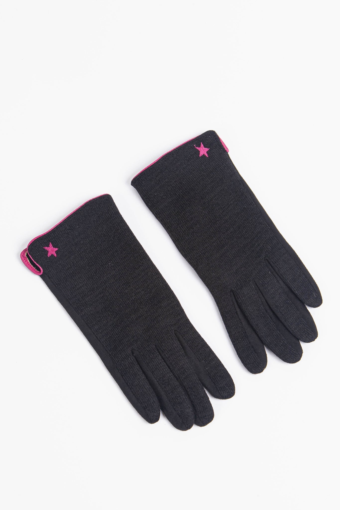 black touch screen winter gloves with a pink embroiidered star on the wrist