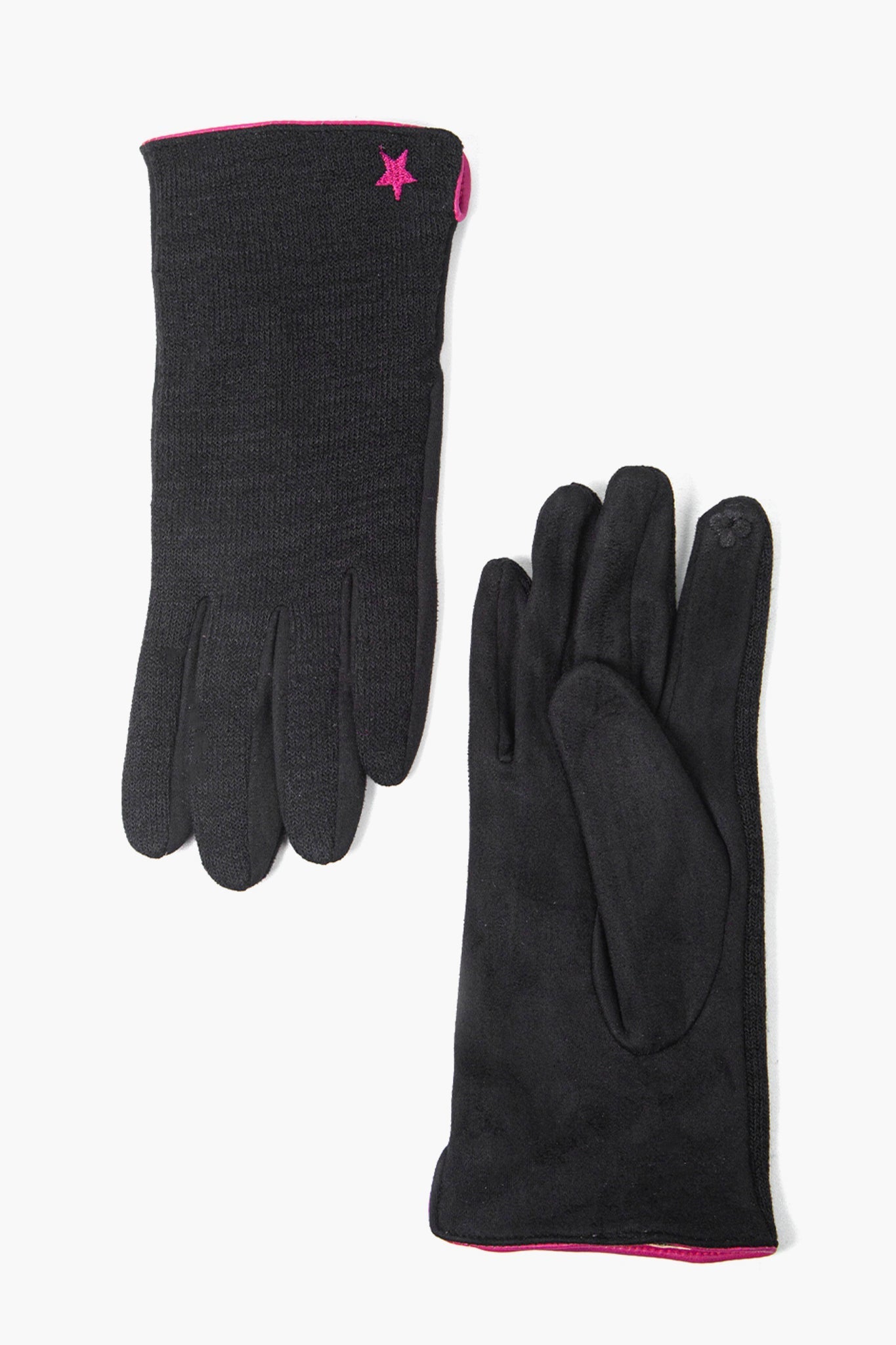 black gloves showing the back with the embroidered star and the palm with the touch screen responsive index finger