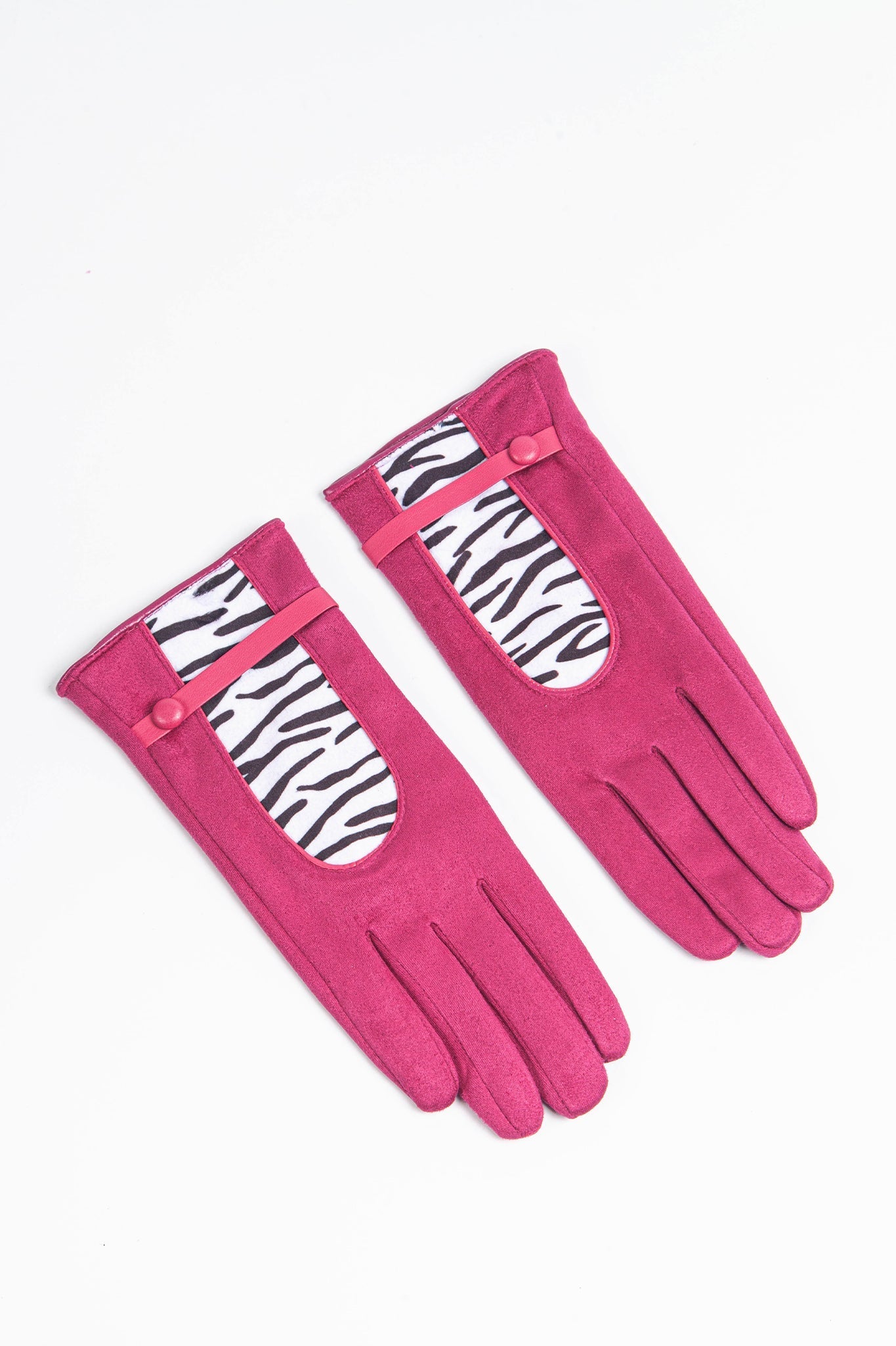 pink touchscreen gloves with a black and white zebra print panel