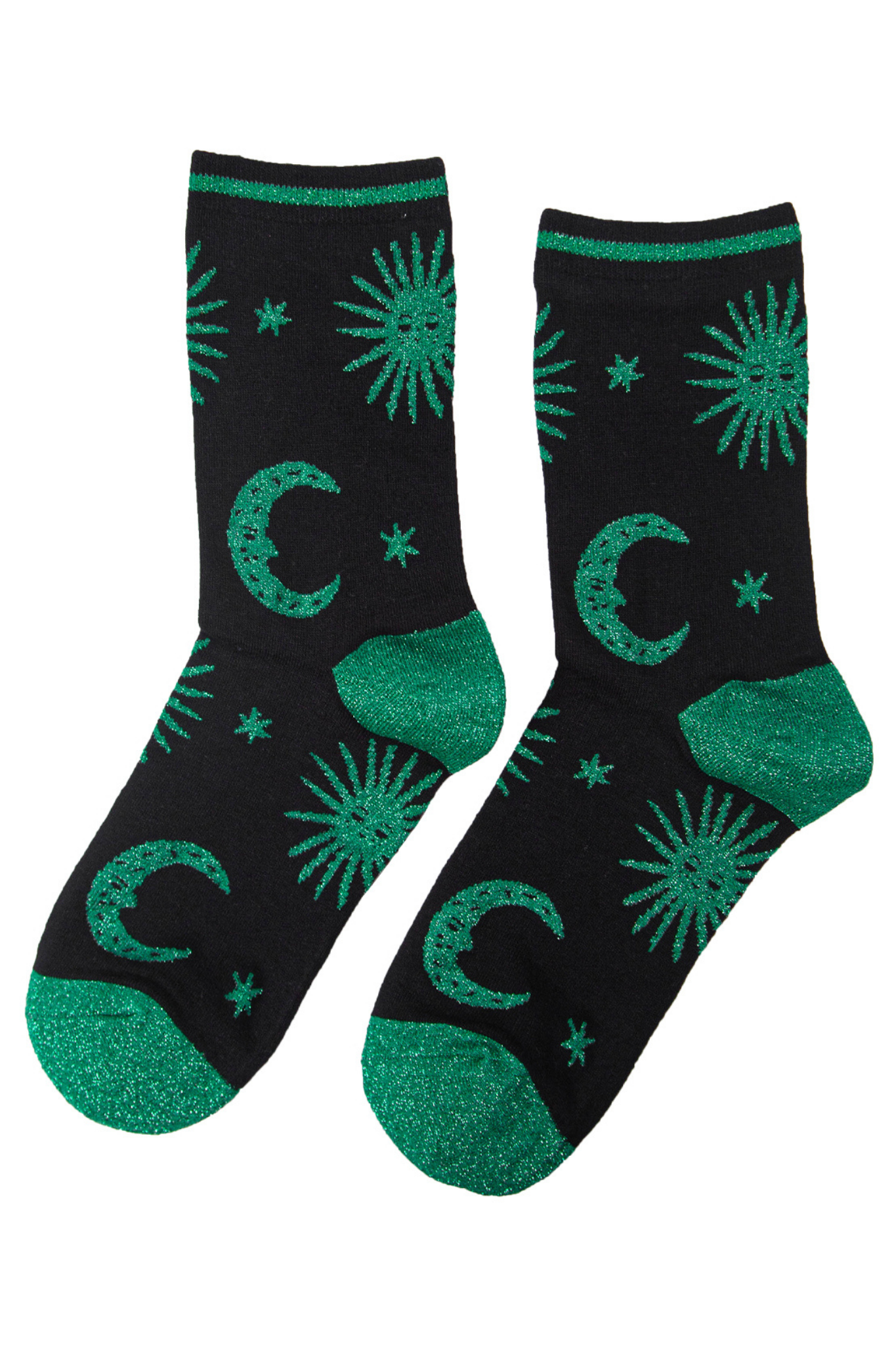 green and black star and moon glitter socks