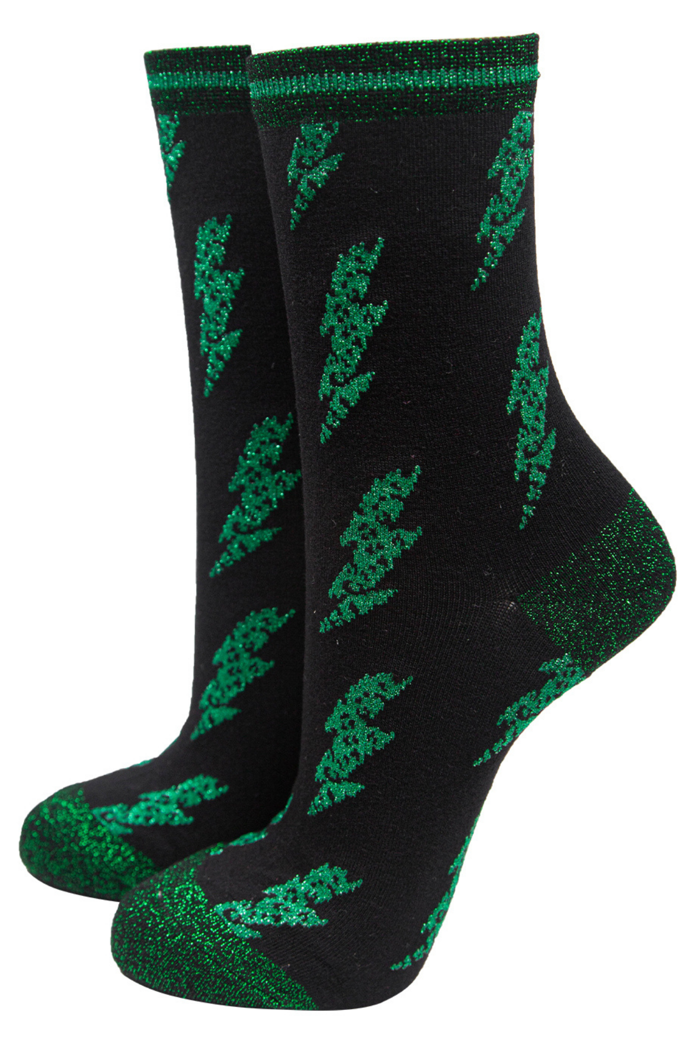 black and green lightning bolt bamboo socks with glitter heel, toe and trim