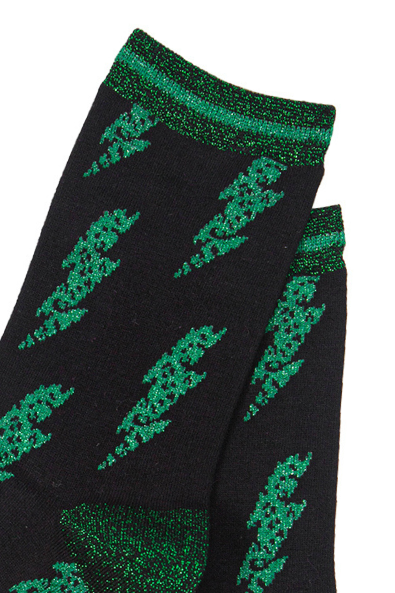 close up of green lightning bolts and glitter trim