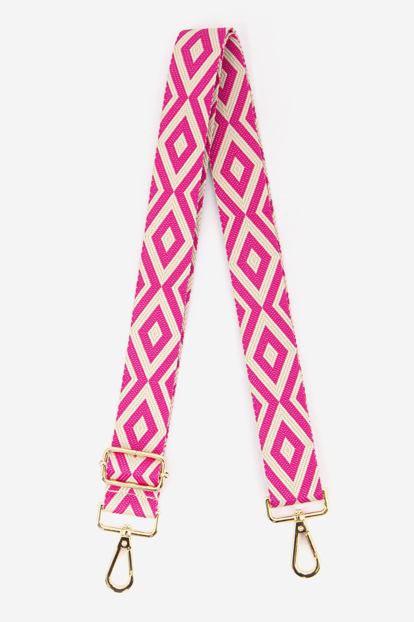 fuchsia pink and white ikat pattern replacement bag strap with gold clip on snap hooks