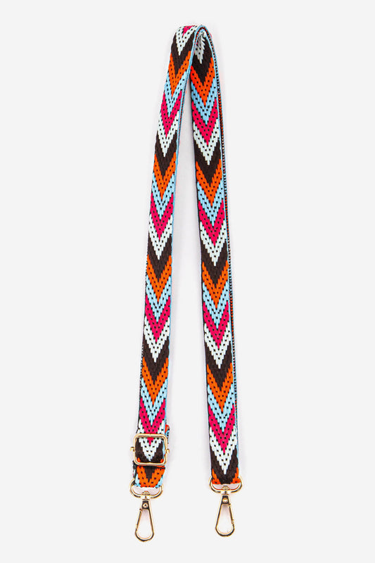 multicoloured chevron pattern woven thin bag strap in black, white, pink, blue and orange chevron print