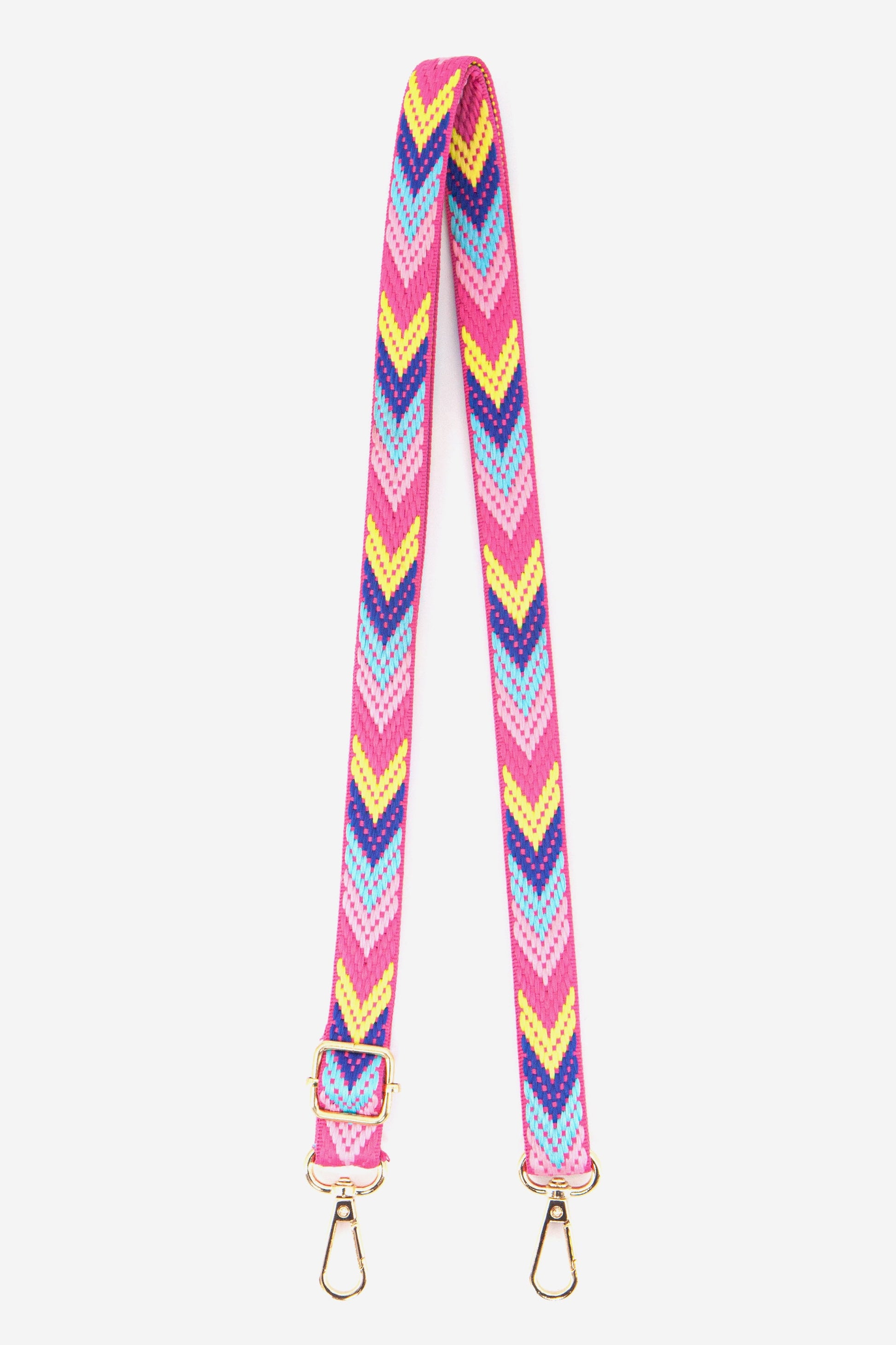 pink, blue and yellow chevron pattern woven thin bag strap with gold clip on hardware