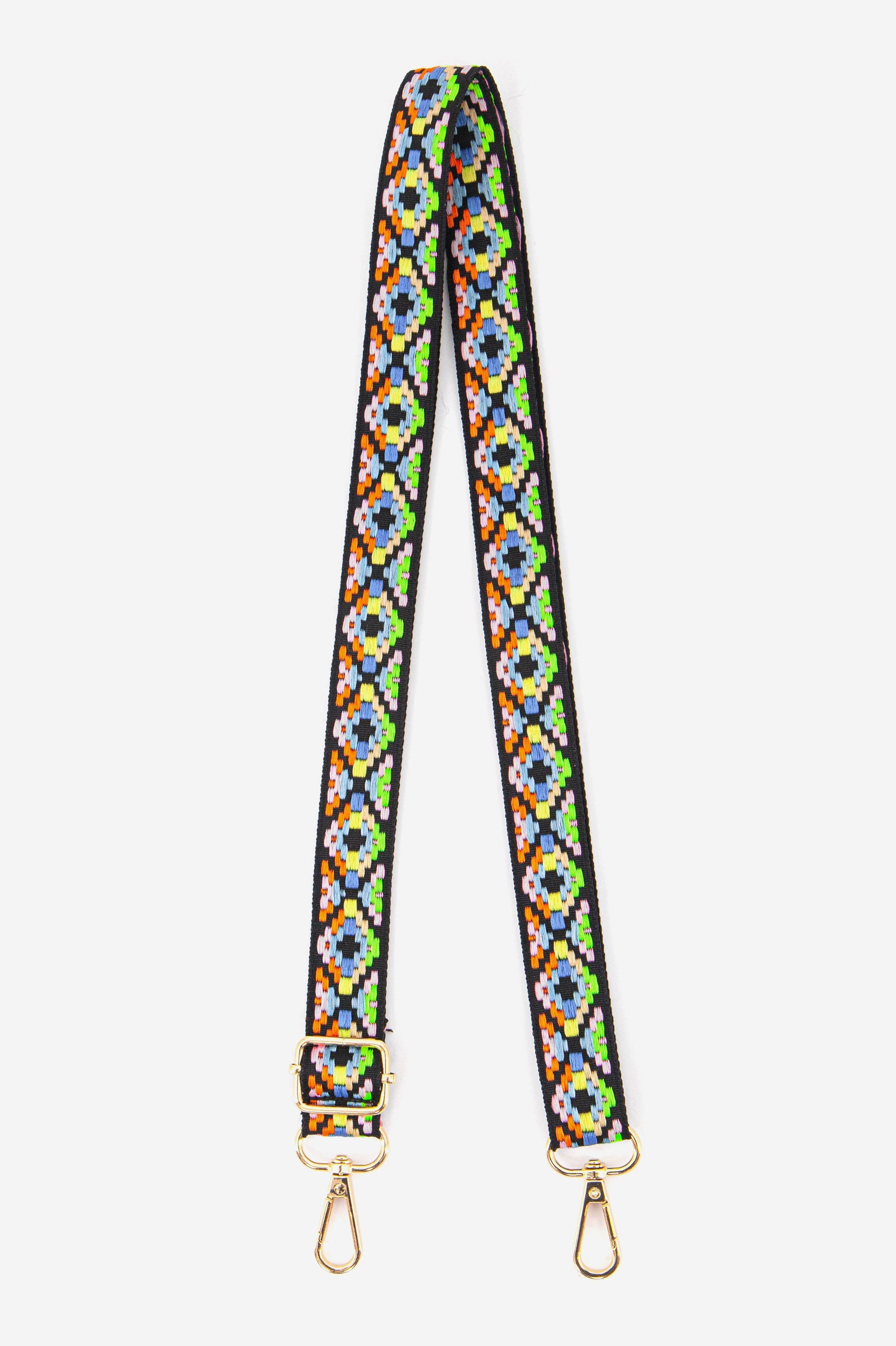 multicoloured woven geometric pattern thin bag strap with gold clip on hardware