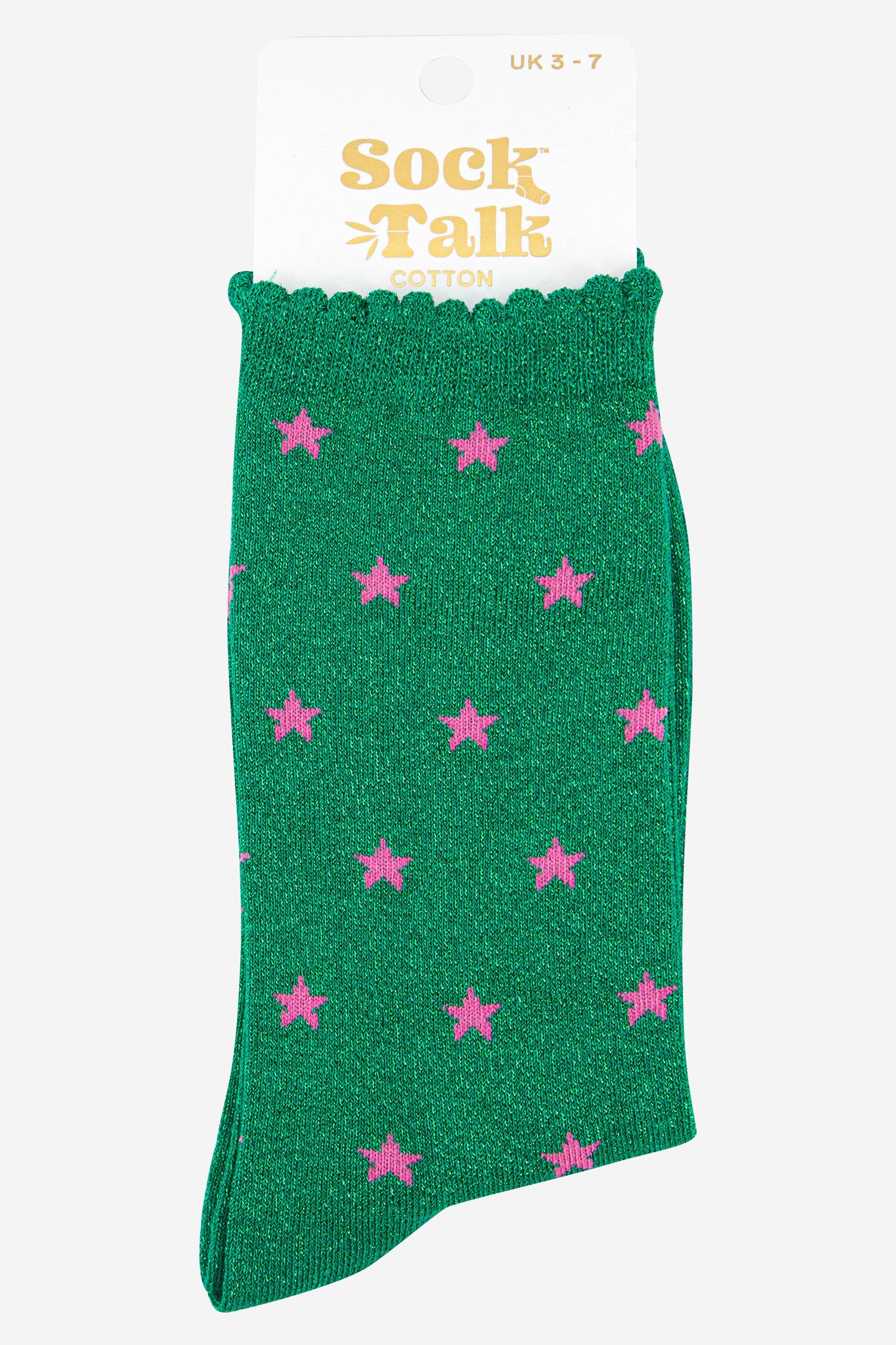 green glitter ankle socks with pink stars uk size 3-7