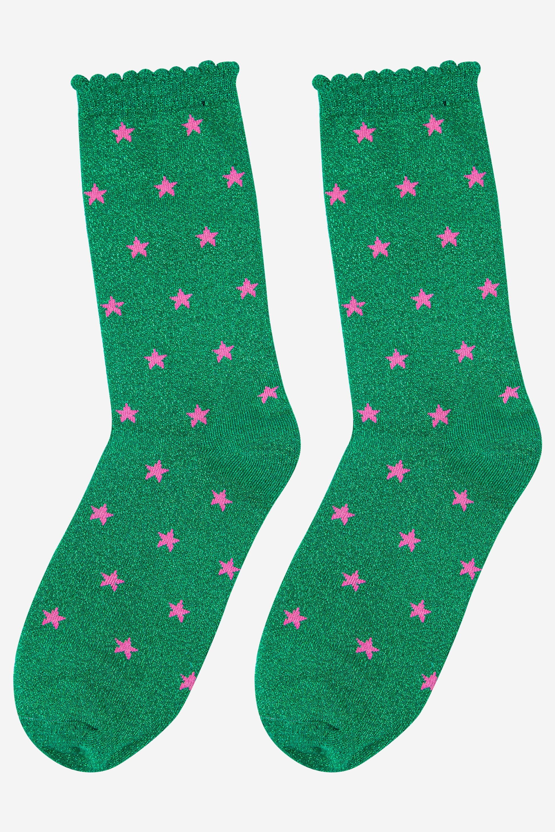 green glitter ankle socks with scalloped edges and an all over pink star pattern
