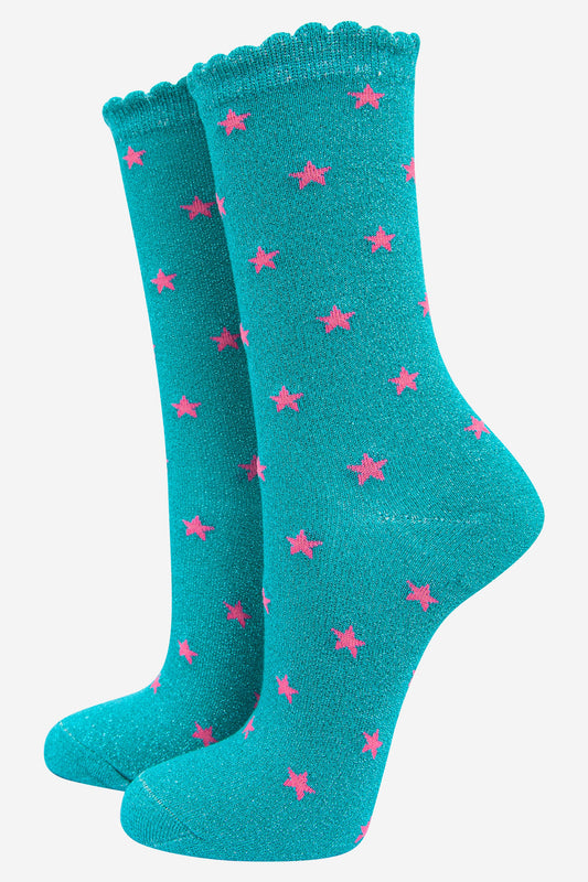 blue glitter ankle socks with an all over pink star pattern and scalloped cuffs