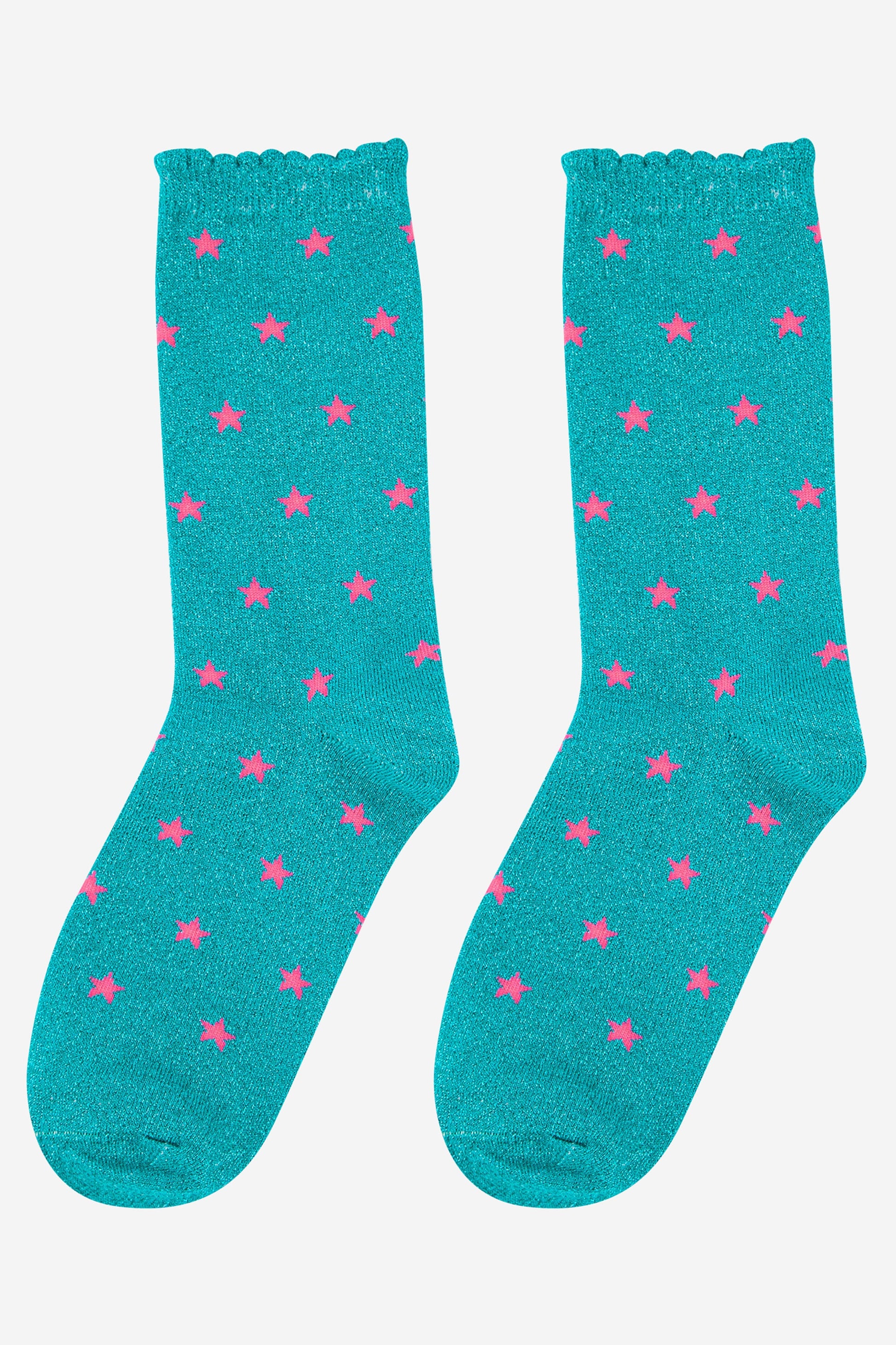 blue glitter ankle socks with scalloped edges and an all over pink star pattern
