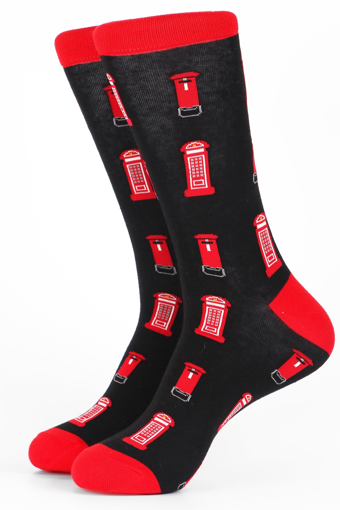 black dress socks with an all over pattern of red telephone and letter boxes