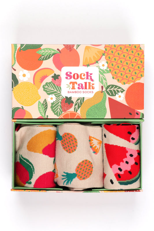 colourful gift box designed with an array of tropical fruits with three pairs of womens bamboo fruit ankle socks 