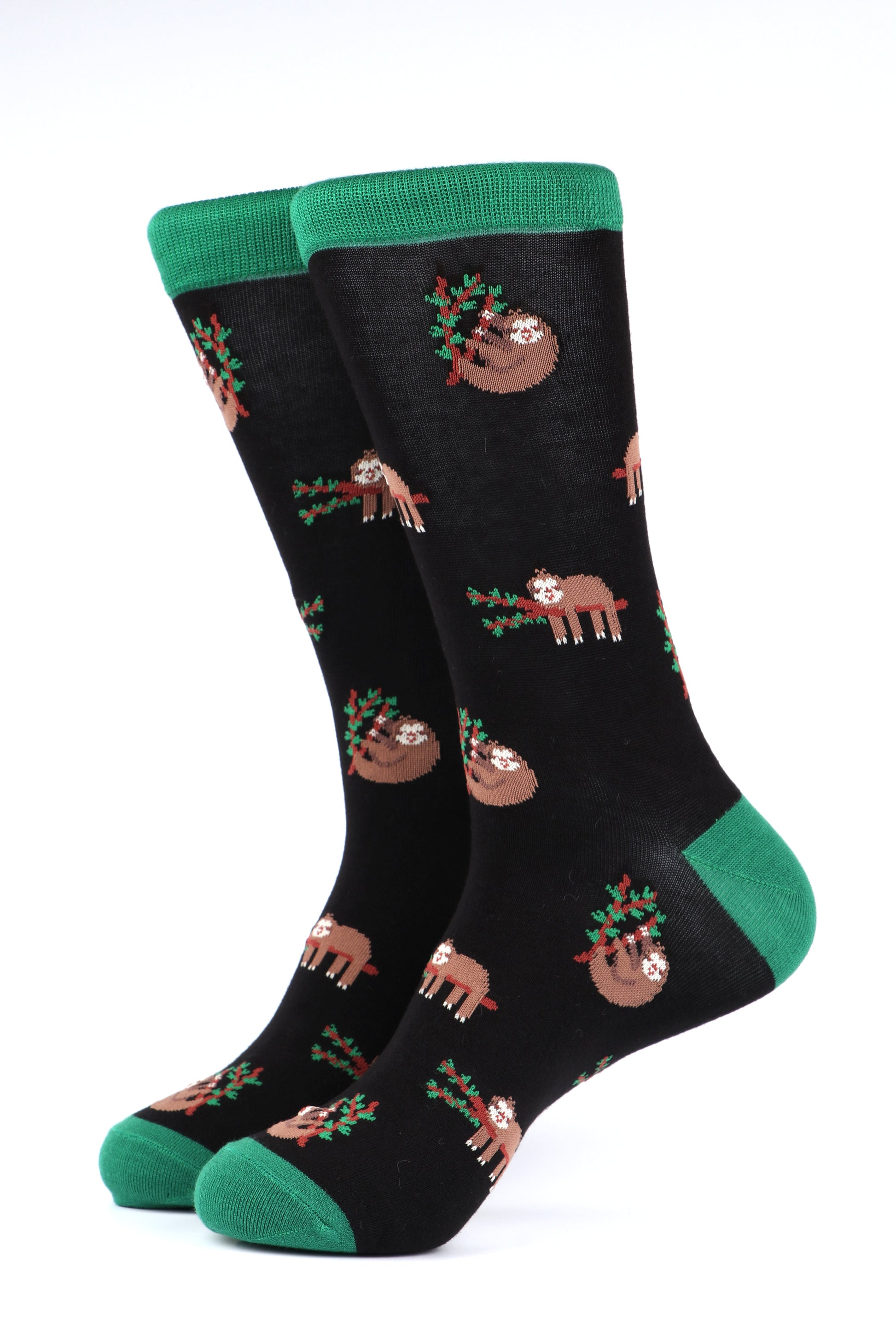 mens black and green bamboo socks with an all over pattern of sleeping sloths