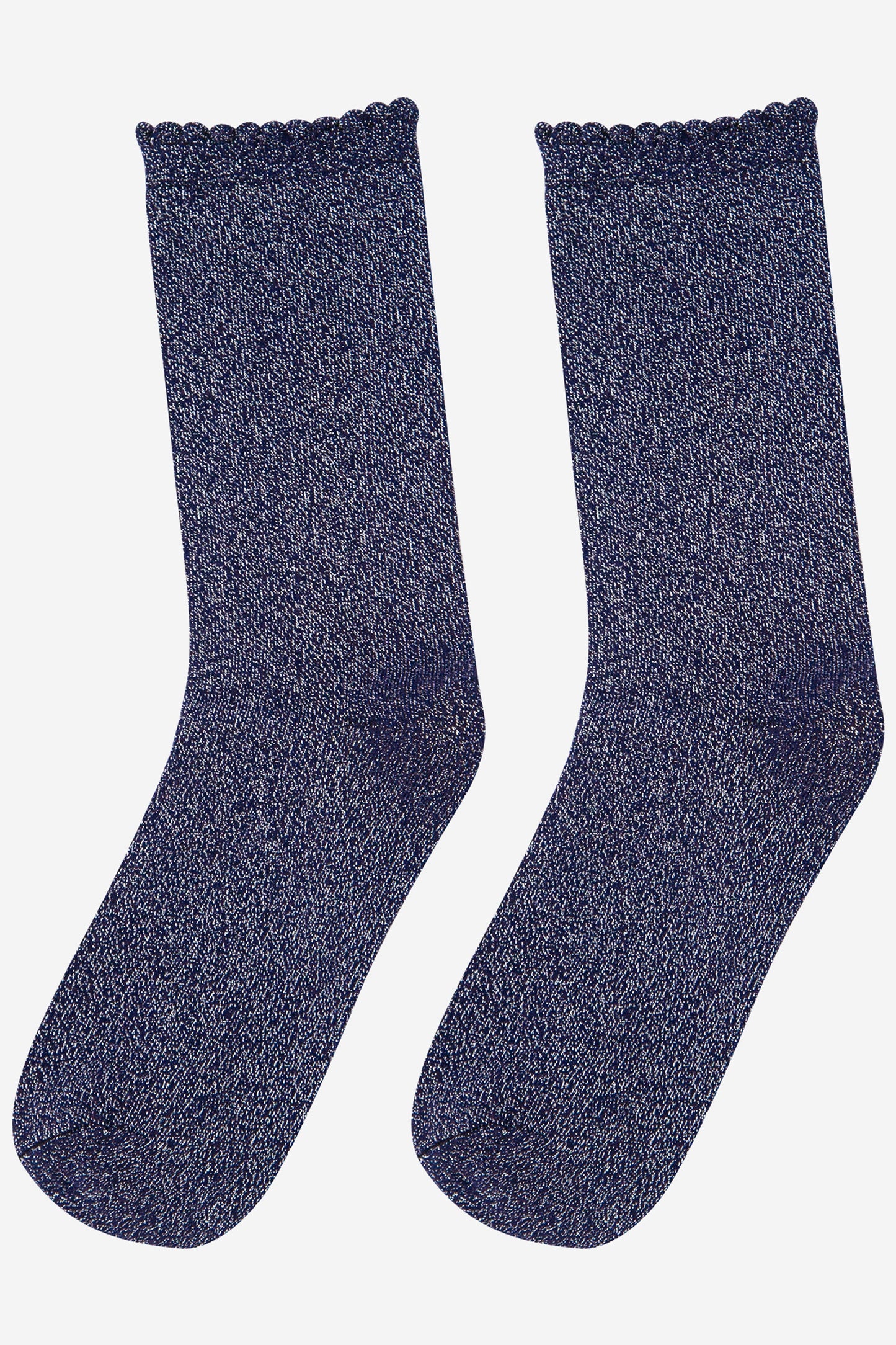 navy blue and silver all over glitter ankle socks with scalloped edge cuffs