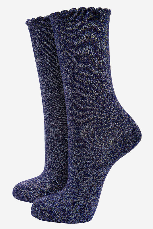 navy blue glitter ankle socks with scalloped cuff and an all over silver glitter sparkle