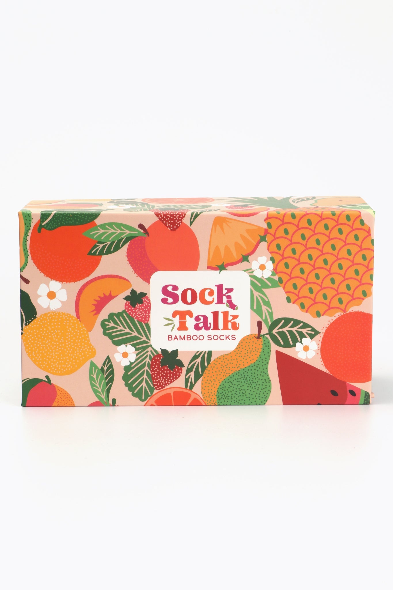 sock talk gift box with an all over fruit pattern design with pineapples, pears, peaches, strawberries and lemons