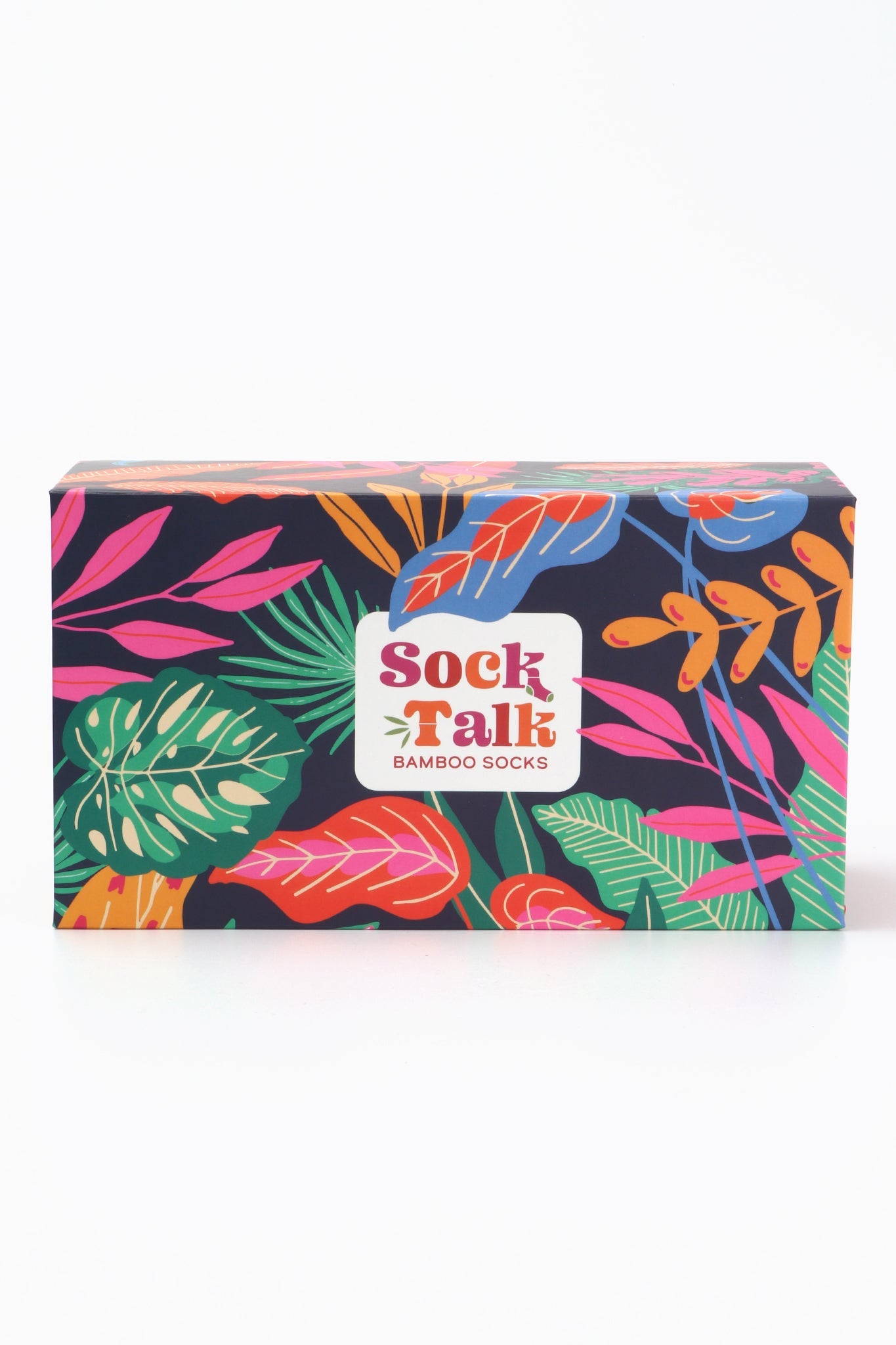 artistically designed sock gift box with a navy blue background and multicoloured jungle leaf print pattern 