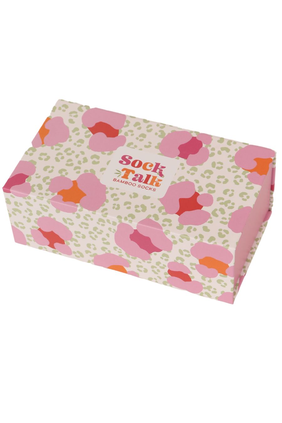 A closed pink animal print gift box