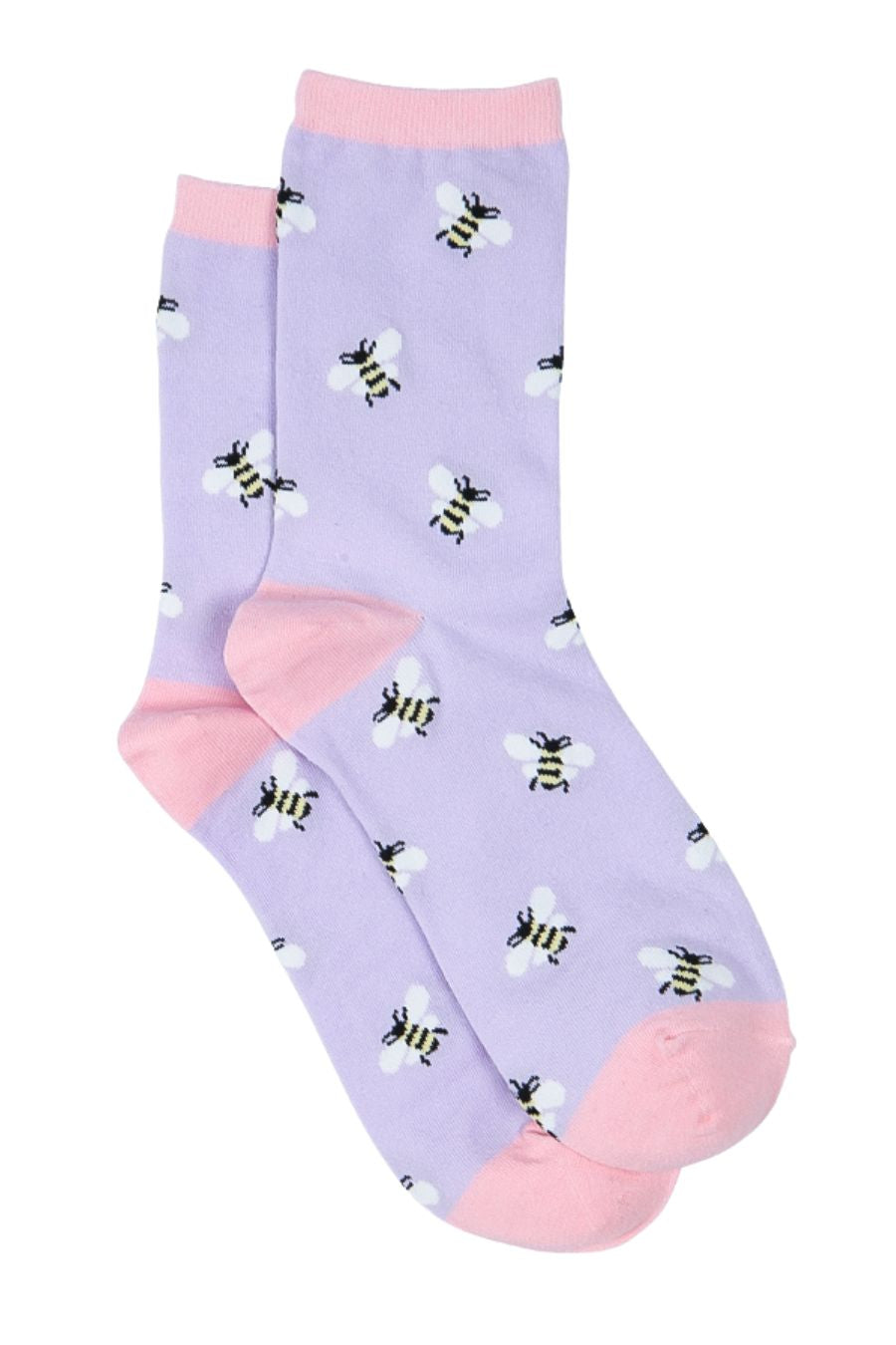 lilac ankle socks with an all over bee print, pink toe, heel and tirm
