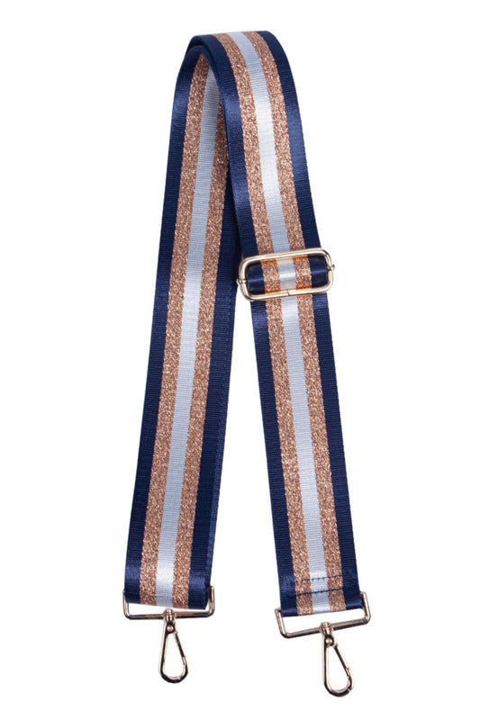 navy blue, white and gold glitter striped bag strap, adjustable, gold hardware