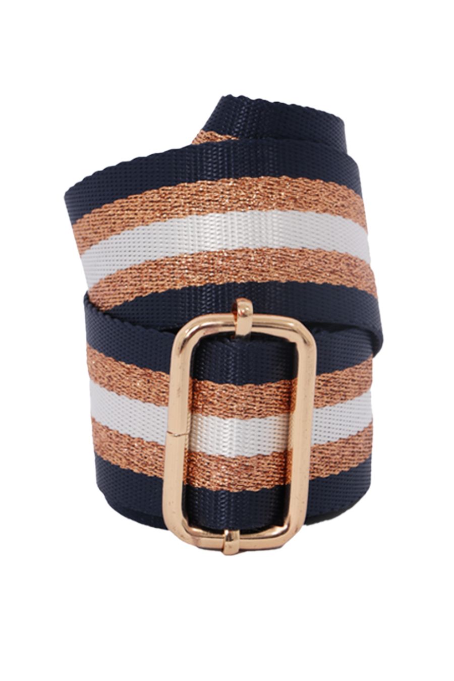 close up of the adjustable gold buckle on the striped crossbody bag strap