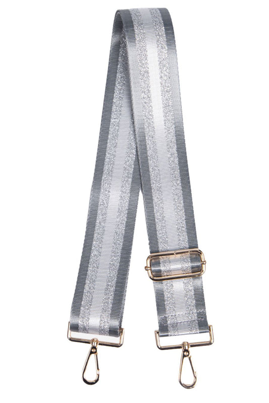 grey and silver glitter striped crossbody bag strap, adjustable, gold clip on hardware