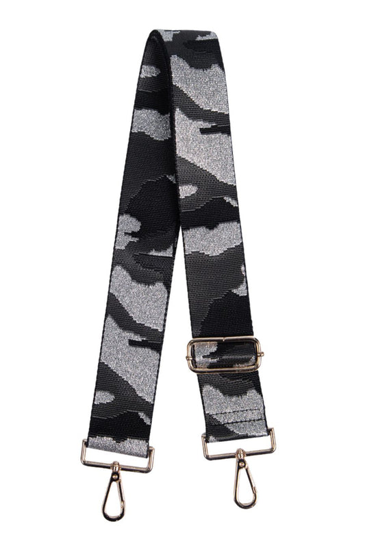 grey and silver camo print crossbody bag strap, adjustable strap with gold hardware