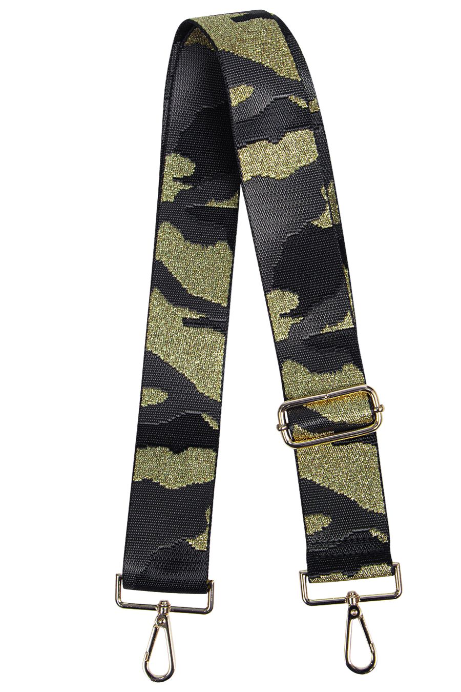 black and gold glitter camo print bag strap for crossbody bags, adjustable, with gold hardware