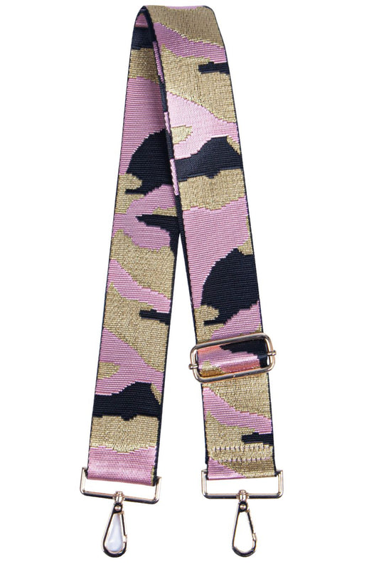 pink and gold glitter camo print crossbody bag strap, adjustable,with gold hardware