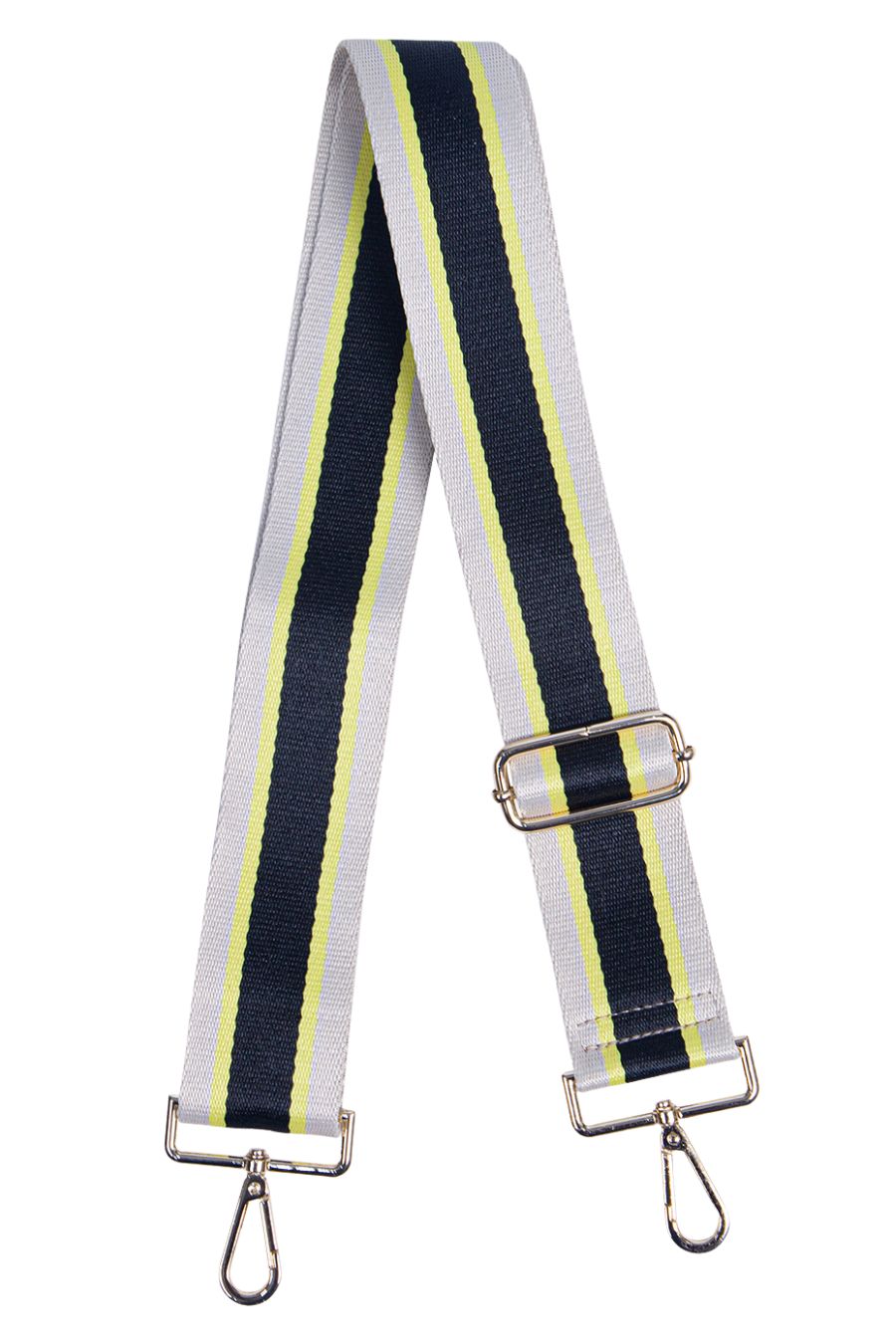 black, grey and neon yellow striped crossbody bag strap, adjustable , with gold hardware