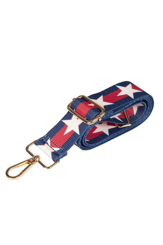 blue white and red star print crossbody bag strap, adjustable strap with gold hardware