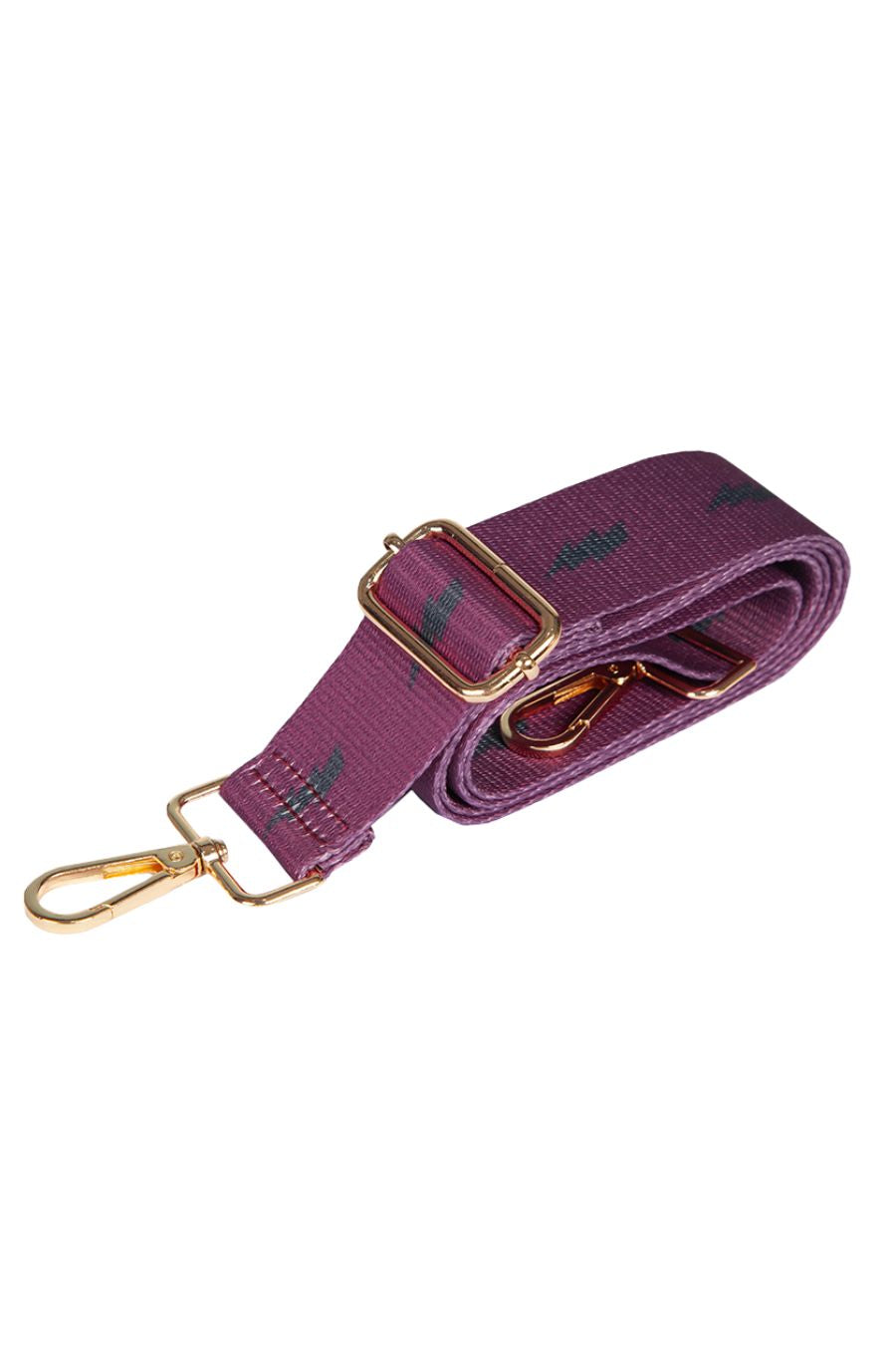 pink crossbody bag strap with black lighning bolts, adjustable strap with gold hardware