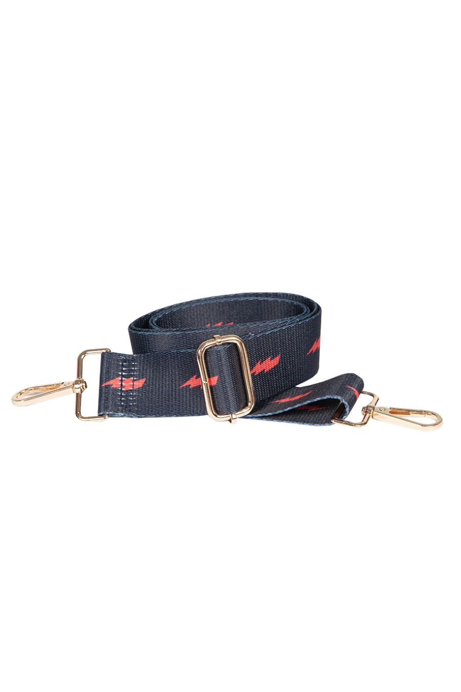 navy blue and red lightning bolt bag strap