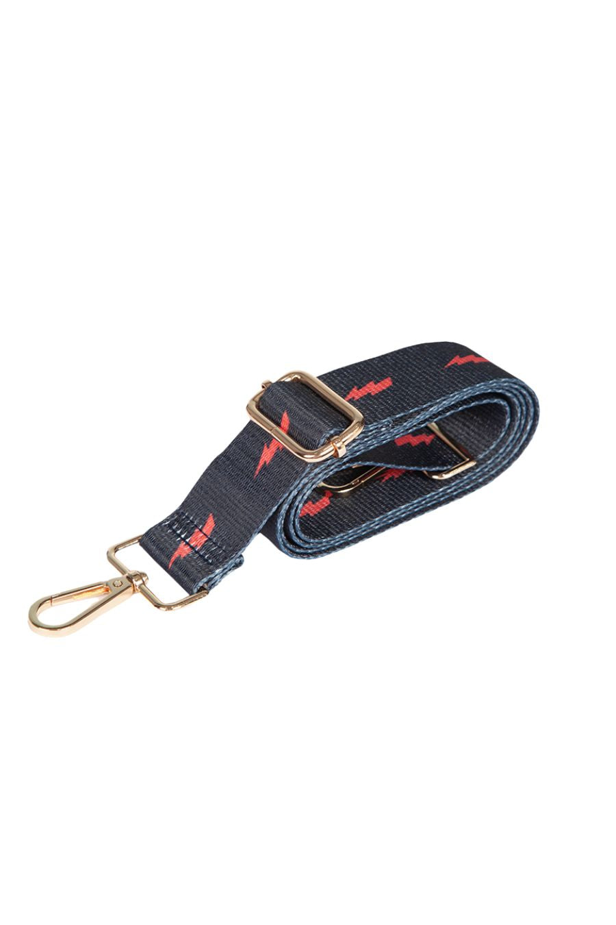navy blue crossbody bag strap with red lightning bolt pattern. adjustable strap with gold clip on hardware