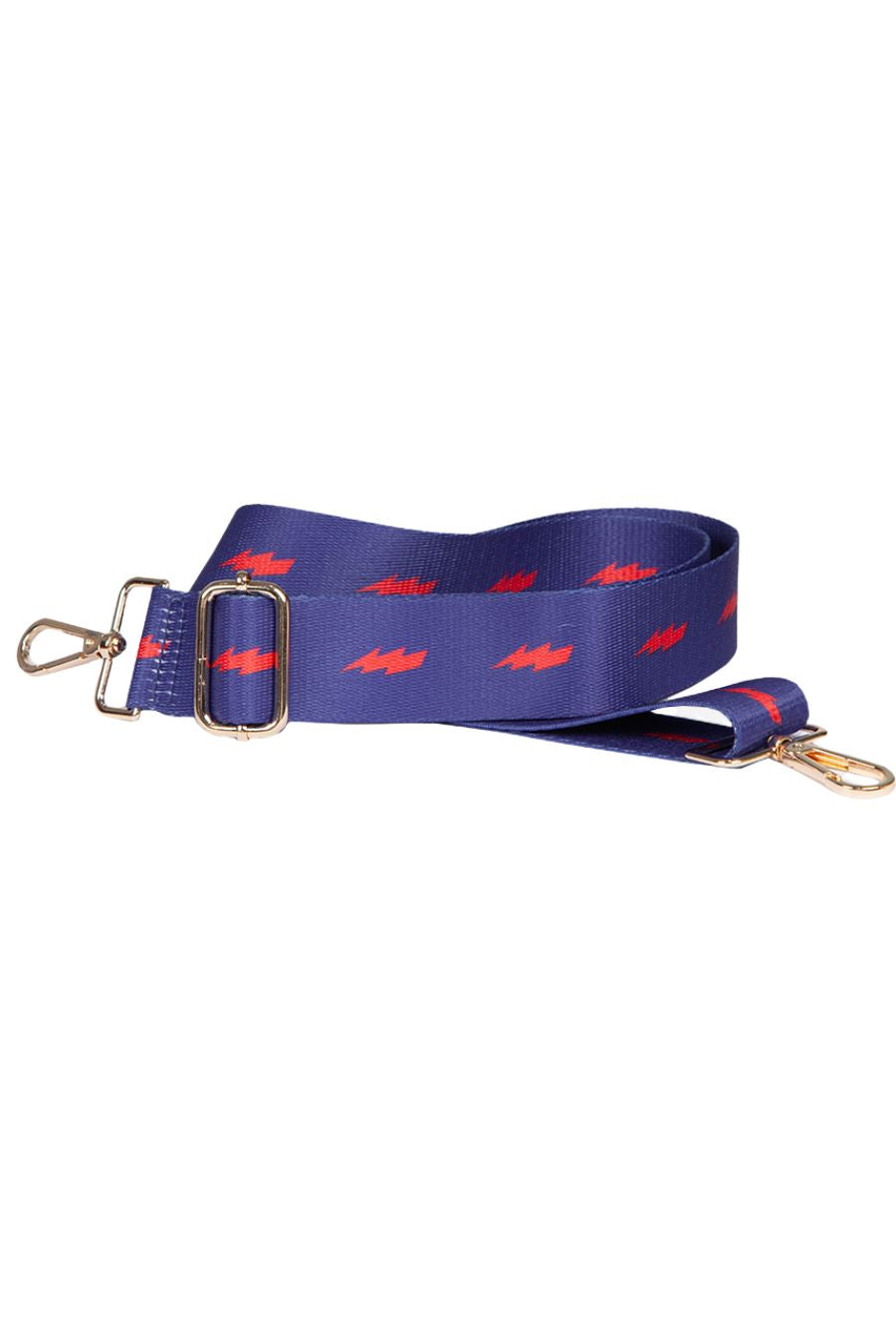 blue and red thunder bolt bag strap