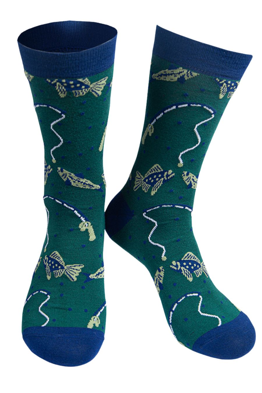 green bamboo socks with fish and a fishing line