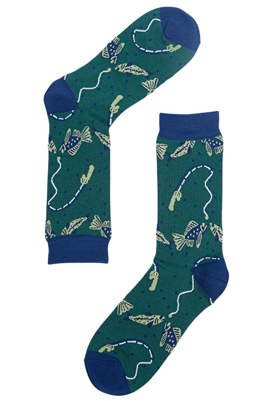green, blue dress socks with fish and a fishing line