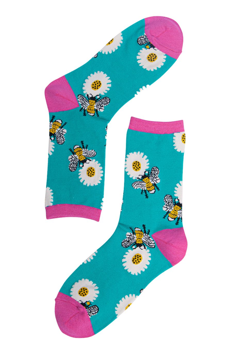 blue, pink bamboo socks with bumblebees and daisies