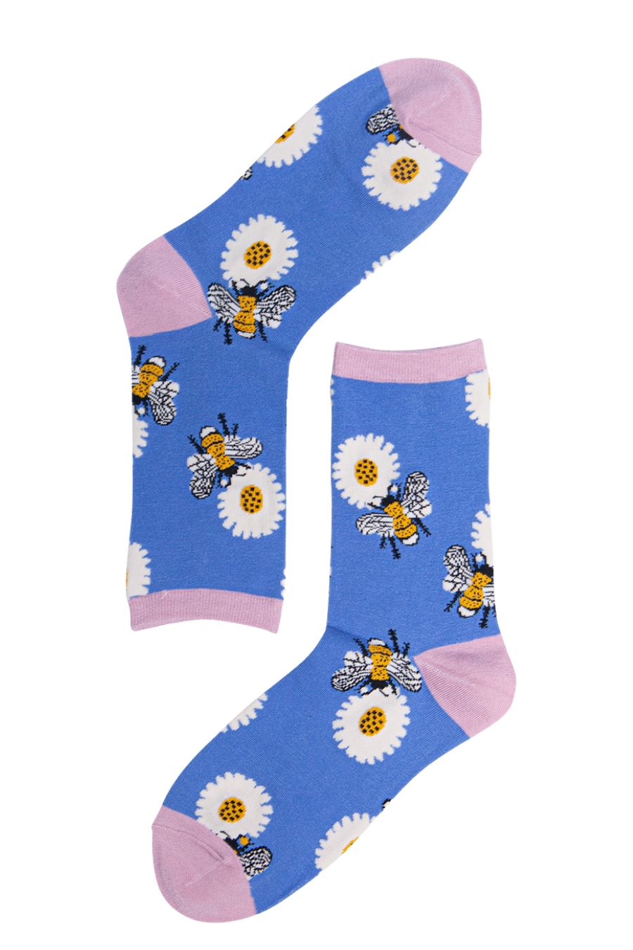 blue, pink ankle socks with bees and daisies