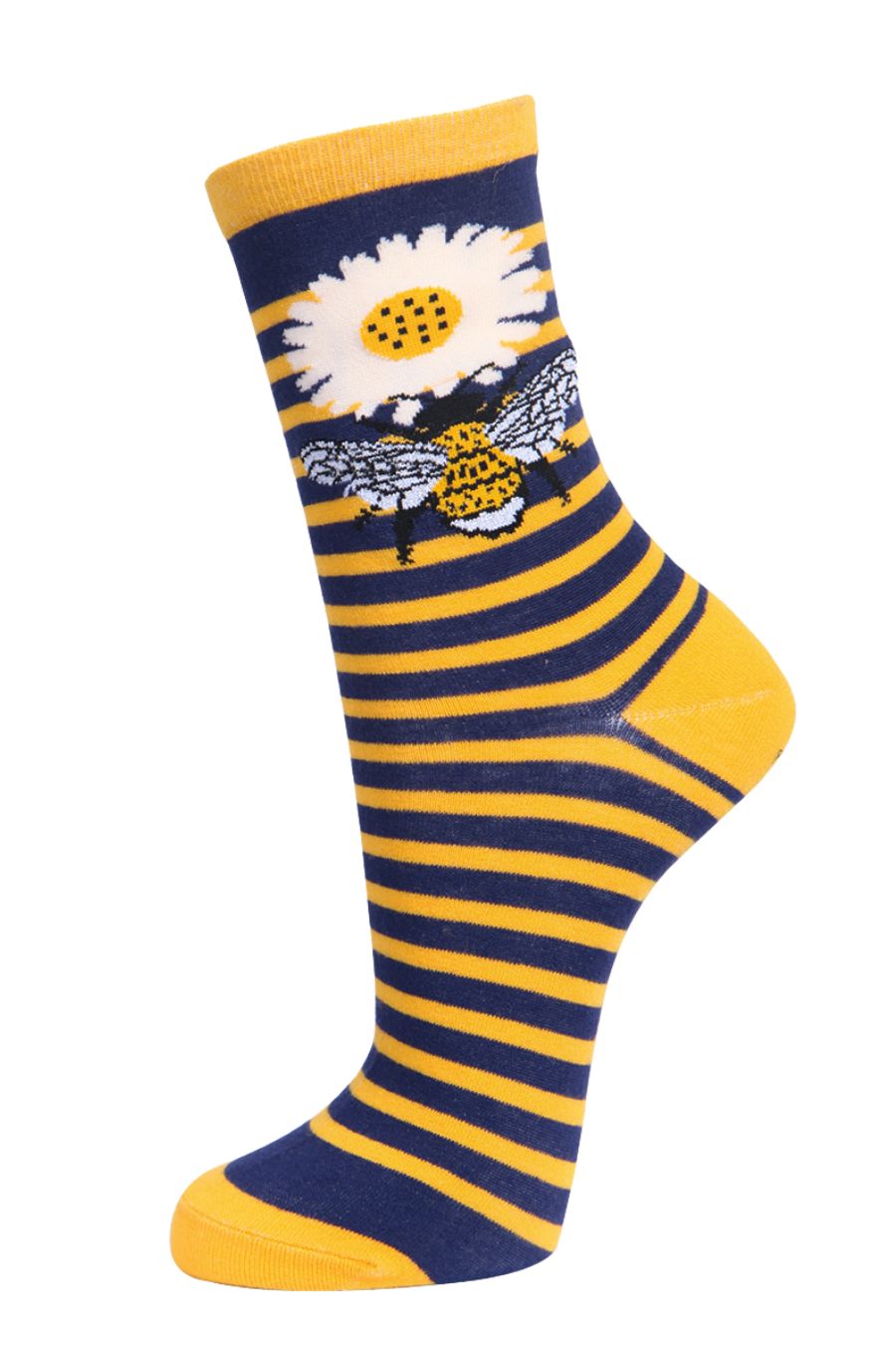 navy blue, yellow striped ankle socks with a large bee and white daisy flower