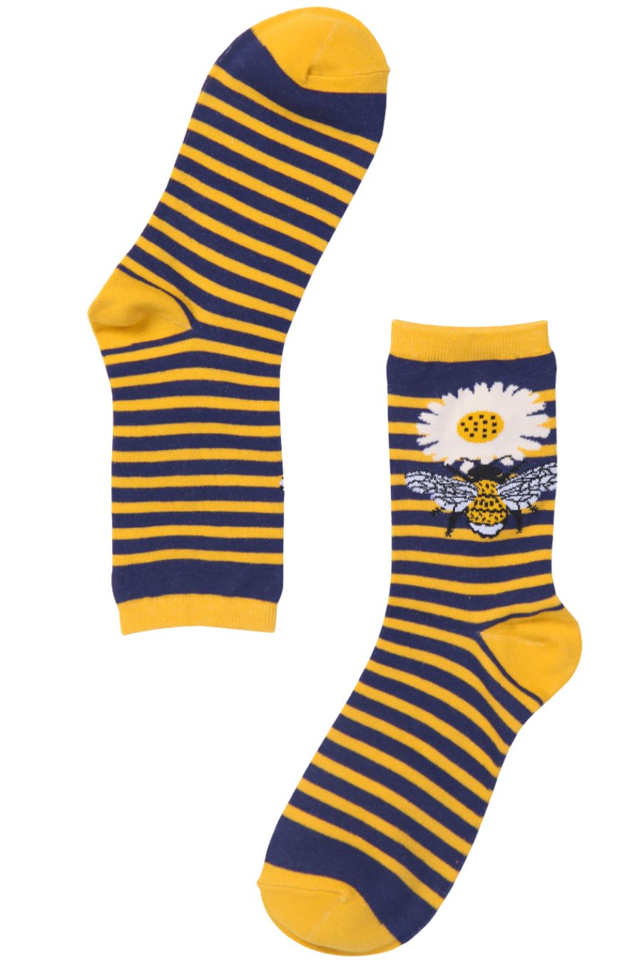 yellow and navy striped ankle socks with bumblebee and daisy