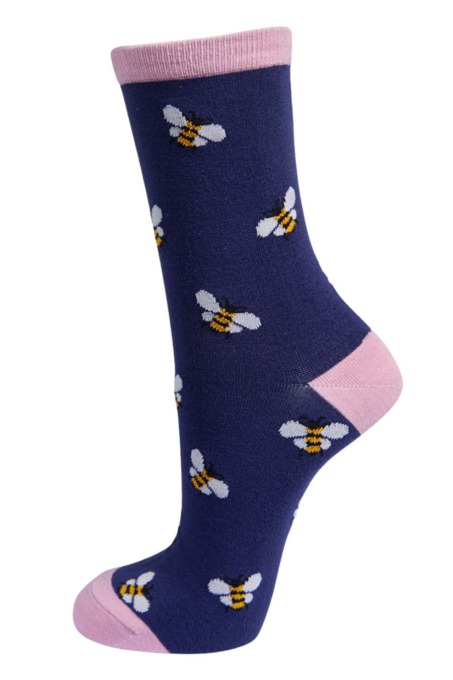 navy blue, pink ankle socks with all over bee pattern
