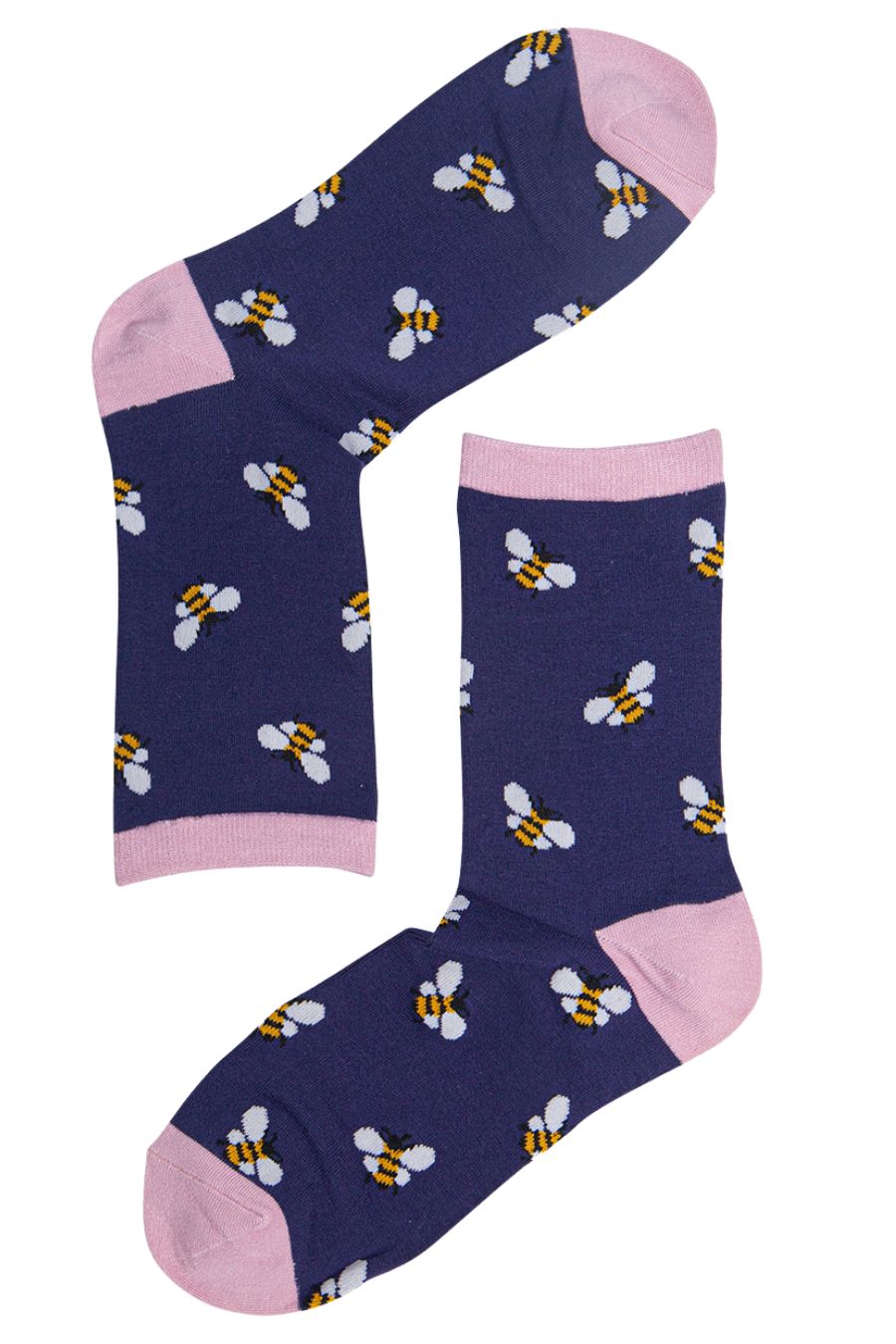 navy blue and pink bamboo socks with bumblebees