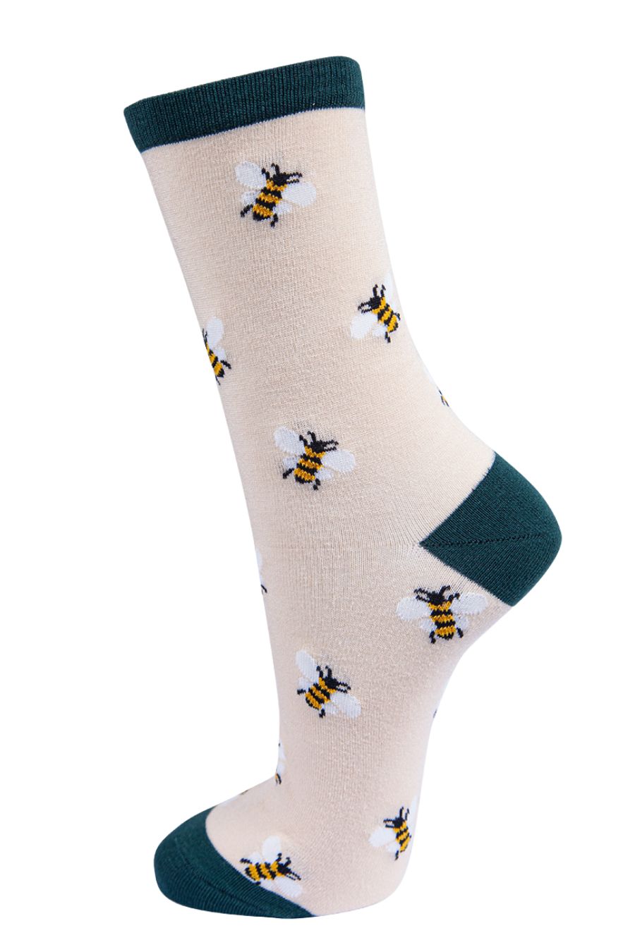 cream bamboo socks, green toe, heel and trim, all over bee print