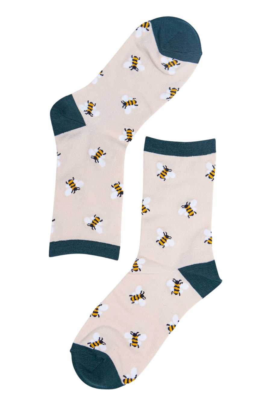 cream, green bamboo socks with bumblebees on them