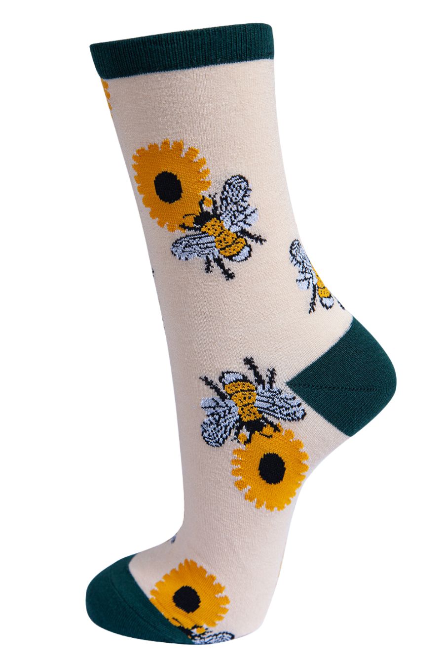 cream, green ankle socks with bees and yellow sunflowers