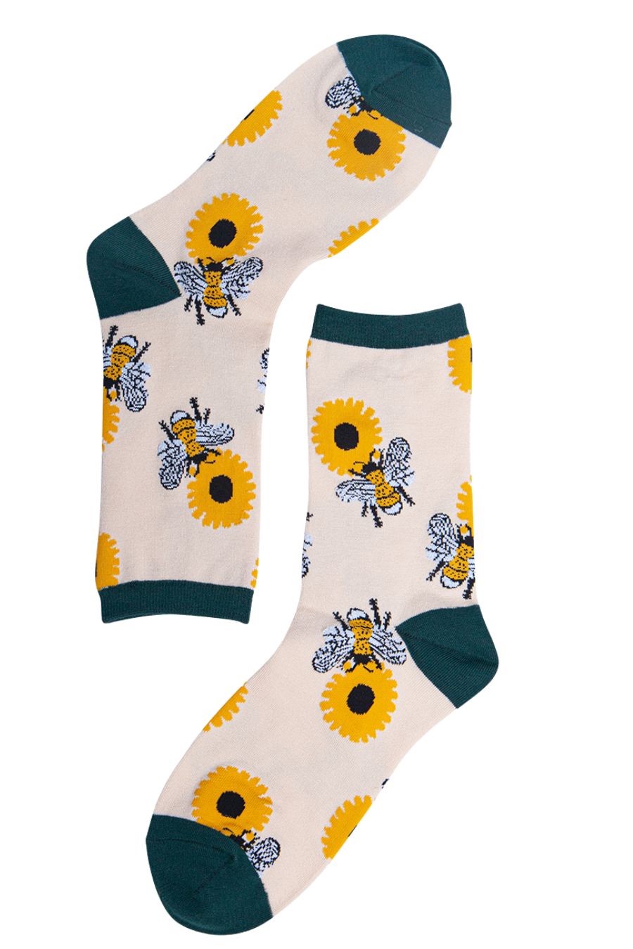 cream, green ankle socks with bees and sunflowers