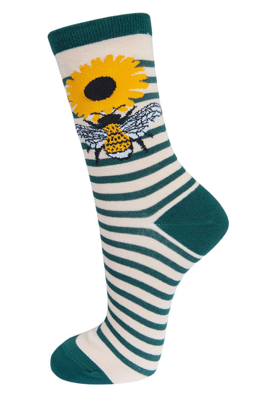 cream, green striped ankle socks with a large yellow bee and sunflower