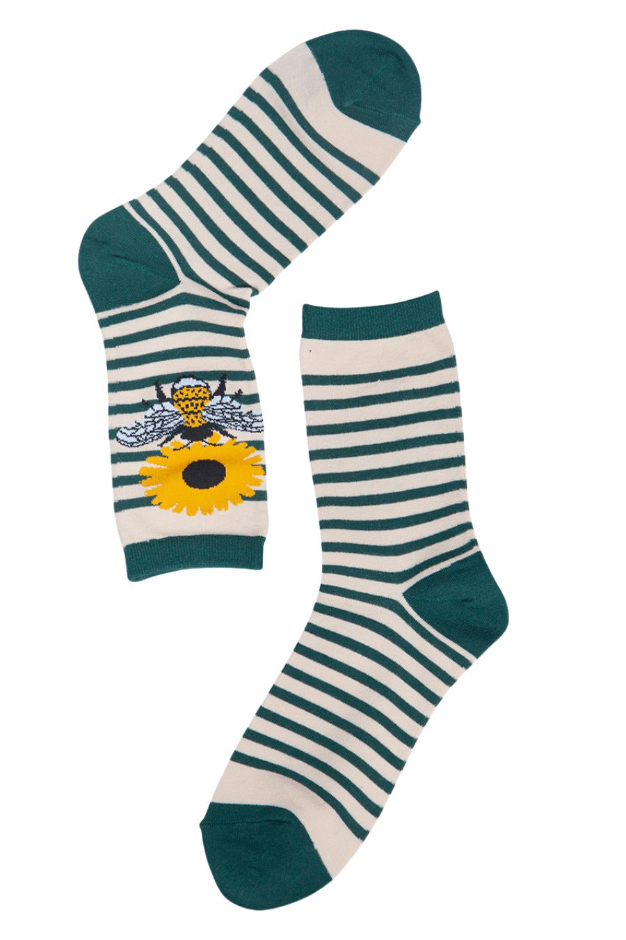 green, cream striped ankle socks with bee and sunflower