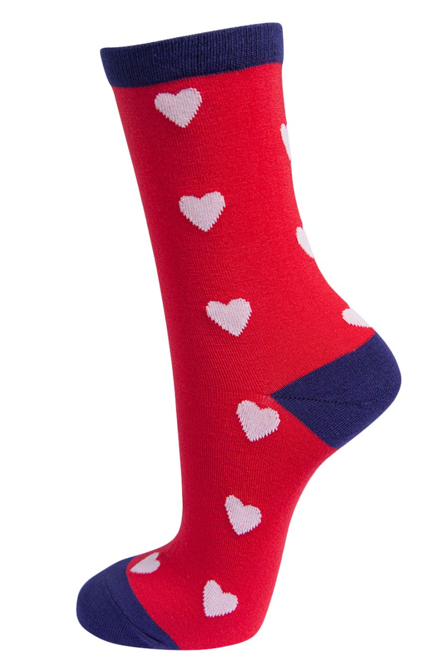 red bamboo socks with all over white hearts 